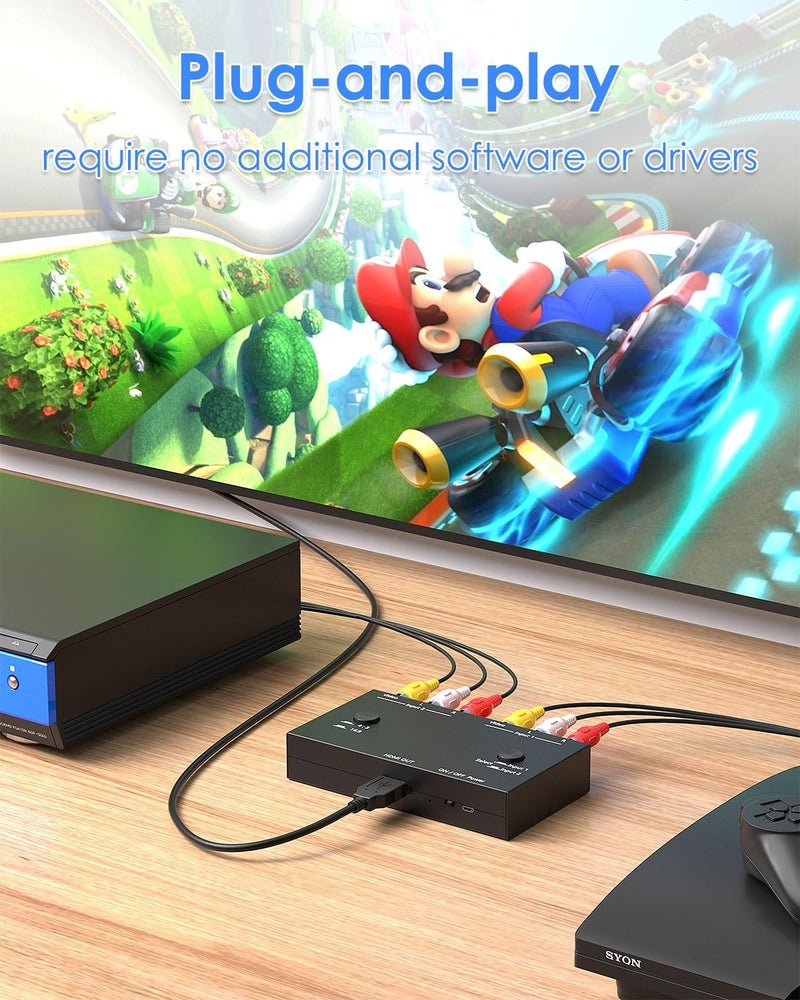 OseTub 2 Port RCA to HDMI Converter, Dual AV to HDMI Converter Supports 16:9/4:3 Composite to HD MI Adapter Support 1080P PAL/NTSC Compatible with Sega/Xbox/PS1/PS2/PS3/WII/N64/VHS, VCRs, and DVD Players - Image 5
